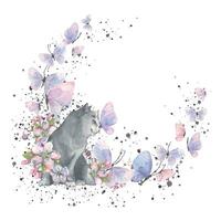 waterverf illustratie kader met een schattig grijs kat, delicaat bloemen en luchtig vlinders en spatten van verf. voor de ontwerp en decoratie van ansichtkaarten, affiches, spandoeken, kuuroorden, achtergronden vector