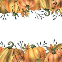 oranje herfst pompoenen met esdoorn- bladeren en takjes. waterverf illustratie, hand- getrokken. kader, sjabloon, bord Aan een wit achtergrond. vector