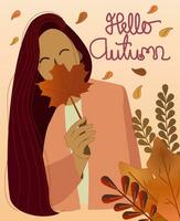 Hallo herfst kaart met meisje en bladeren. vector illustratie in vlak stijl