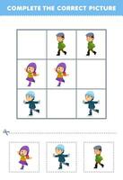 onderwijs spel voor kinderen compleet de correct afbeelding van een schattig tekenfilm jongen en meisje spelen ijs het schaatsen afdrukbare winter werkblad vector