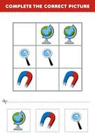 onderwijs spel voor kinderen compleet de correct afbeelding van een schattig tekenfilm wereldbol magneet en vergrootglas afdrukbare gereedschap werkblad vector