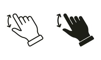 hand- vinger vegen, slepen omhoog en naar beneden lijn en silhouet zwart icoon set. gebaar glijbaan naar beneden en omhoog pictogram. snuifje scherm, draaien tintje scherm symbool verzameling. geïsoleerd vector illustratie.