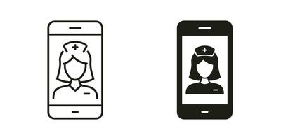 gezondheidszorg in mobiel telefoon symbool verzameling. arts online overleg. virtueel dokter vrouw pictogram. medisch onderhoud in smartphone lijn en silhouet icoon set. geïsoleerd vector illustratie.