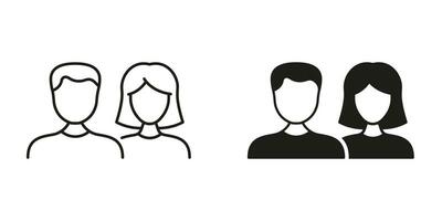 paar van vrouw en mannetje pictogram. vrouw en Mens lijn en silhouet zwart icoon set. menselijk portret. bedrijf personeel, mensen portret symbool verzameling. geïsoleerd vector illustratie.