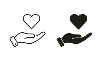 menselijk hand- en hart vorm pictogram. vrede vriendschap, emotioneel ondersteuning symbool verzameling. liefde, Gezondheid, liefdadigheid, zorg, helpen lijn en silhouet icoon set. geïsoleerd vector illustratie.