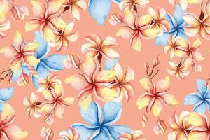 naadloos patroon van plumeria en bloeiend bloemen geschilderd in waterverf Aan wit achtergrond.voor kleding stof luxueus en behang, wijnoogst stijl.botanisch bloemen patroon.tropisch planten achtergrond vector