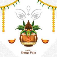 godin durga gezicht voor kalash gelukkig durga puja kaart achtergrond vector