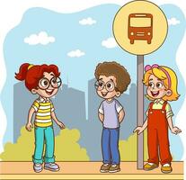 vector illustratie van schattig kinderen aan het wachten voor school- bus