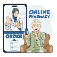 online apotheek Diensten. een vrouw dokter in hoofddoek geeft geneeskunde online naar een senior vrouw. vector illustratie vrij downloaden