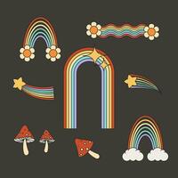 groovy retro regenbogen en champignons retro stijl Jaren 70 grappig klem kunst verzameling Aan donker. vector illustratie