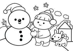 gelukkig kind maakt sneeuwman met zijn hond-kleuring Pagina's tekening kunst . vector