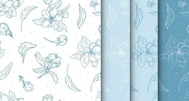 reeks van naadloos bloemen patronen met blauw bloemen. hand- getrokken kers bloemen afdrukken voor ontwerp, textiel, kleding stof, inpakken. vector