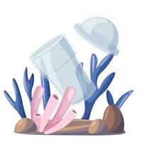 oceaan vervuiling, plastic verontreiniging illustratie, vuilnis onder de zee. plastic glas voor koffie en limonade in zeewier en koraal. vlak stijl, vector illustratie.