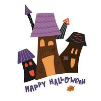 halloween huis geïsoleerd element hand- getrokken in grappig tekenfilm stijl. vector eng kasteel met tekst. gemakkelijk halloween achtervolgd huis voor partij, kaart decoratie, afdrukken, stickers, uitnodigingen.