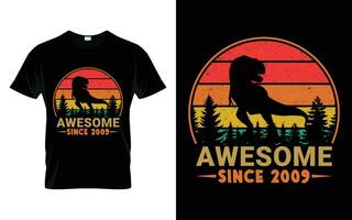geweldig sinds 2009 verjaardag jongens meisjes dinosaurus t rex retro wijnoogst gelukkig verjaardag t-shirt vector