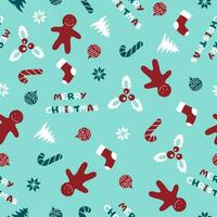 naadloos patroon met Kerstmis boom, snoep, peperkoek Mens, hulst BES. vector vlak ontwerp voor wikkel, kleding stof, behang.