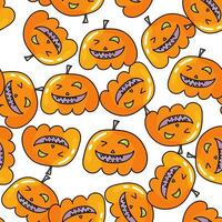 naadloos patroon met halloween pompoenen. jack oranje lantaarn getrokken met gesneden gezichten in tekening vector