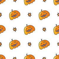 naadloos patroon met halloween pompoenen. jack oranje lantaarn getrokken met gesneden gezichten in tekening vector