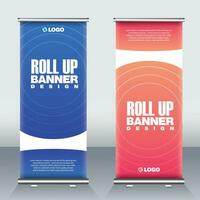 rollen omhoog banier voor bedrijf evenement met verticaal abstract premie ontwerp in blauw en rood. vector