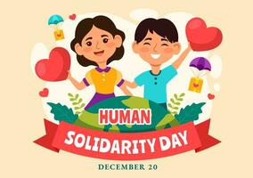Internationale menselijk solidariteit dag vector illustratie Aan december 20 met aarde, handen en liefde voor mensen helpen persoon in kinderen tekenfilm achtergrond