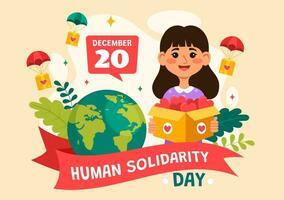 Internationale menselijk solidariteit dag vector illustratie Aan december 20 met aarde, handen en liefde voor mensen helpen persoon in kinderen tekenfilm achtergrond
