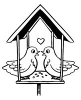 tekening van duiven in liefde in vogelhuisje. hand- getrokken vector illustratie. romantisch dieren schetsen geïsoleerd Aan wit. schattig contour tekening voor st Valentijn vakantie ontwerp, afdrukken, ansichtkaart, sticker, decor