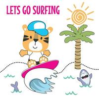 surfing tijd met schattig weinig beer Bij zomer. kan worden gebruikt voor t-shirt afdrukken, kinderen slijtage mode ontwerpen, baby douche uitnodiging kaarten en andere decoratie. vector