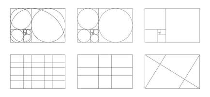 gouden verhouding sjabloon set. methode gouden sectie. fibonacci reeks, nummers. harmonie proportie verzameling. vector schets illustratie.