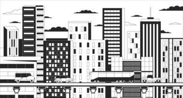 stadsgezicht dag zwart en wit tekenfilm vlak illustratie. voertuigen weg vervoer 2d lineair landschap achtergrond. gebouwen, snelweg brug. hoogbouw stedelijk monochroom tafereel vector schets beeld