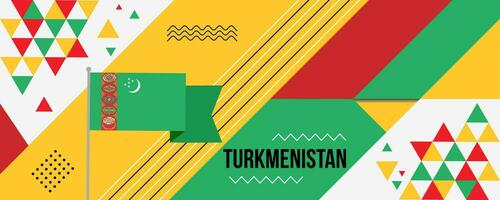 turkmenistan nationaal of onafhankelijkheid dag abstract banier ontwerp met vlag en kaart. vlag kleur thema meetkundig patroon retro modern illustratie ontwerp. groente, rood en geel kleur sjabloon. vector