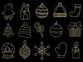 gouden Kerstmis ornamenten reeks met ballen, sneeuwvlokken, hoeden, ster, Kerstmis boom, oranje, sok, geschenk, drinken en slingers. vector