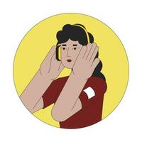 hoofdtelefoons dame Latijns Amerikaans 2d lijn vector avatar illustratie. Mexicaans jong vrouw luisteren muziek- schets tekenfilm karakter gezicht. podcast luister. melomaan vlak kleur gebruiker profiel beeld geïsoleerd