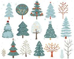 reeks van winter scandi bomen. hand- getrokken Kerstmis bomen. schattig abstract gekleurde bomen. modieus scandi vector planten.
