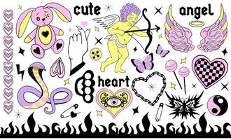 y2k jaren 2000 schattig emo goth esthetisch stickers, tatoeëren kunst elementen en slogan. wijnoogst roze en zwart somber set. gotisch concept van griezelig liefde. vector illustratie