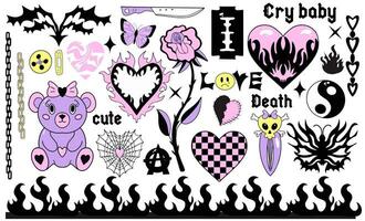 y2k jaren 2000 schattig emo goth esthetisch stickers, tatoeëren kunst elementen en slogan. wijnoogst roze en zwart somber set. gotisch concept van griezelig liefde. vector illustratie