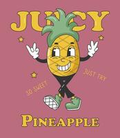 90s fruit grappig retro groovy tekenfilm karakters. poster met grappig karakter van ananas. groovy zomer vector illustratie. zoet sappig vers fruit spandoek.