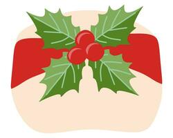 Kerstmis geschenk doos met hulst bladeren, bessen en lintje. vakantie decoratie geïsoleerd Aan wit. vector vlak tekenfilm illustratie voor ontwerp, advertentie, folder, groet kaart.