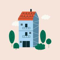 schattig appartement huis met een betegeld dak. land huisje tussen bomen in Scandinavisch stijl. kleurrijk knus gebouwen met rook van een schoorsteen in vlak stijl. vector voorraad illustratie.