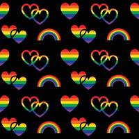 regenboog trots naadloos patroon met hartjes en regenbogen op zwart vector