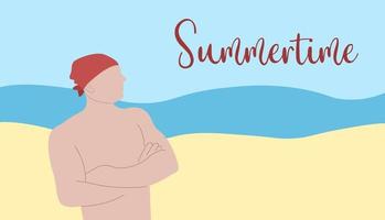 zomer vector poster. man in bandana met blote torso staande op het strand aan zee. zomer tekst