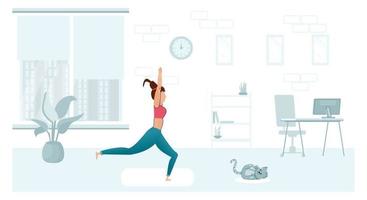 thuis sporten. fitness online training yoga oefening vrouw vector