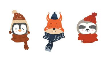 reeks van schattig hand- getrokken glimlachen dieren in winter hoed en sjaal. tekenfilm dierentuin. vector illustratie. dier voor de ontwerp van kinderen producten in Scandinavisch stijl.