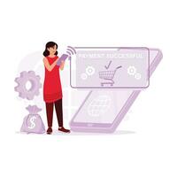 Dames maken online betalingen via slim telefoon online winkelen. digitaal boodschappen doen concept. neiging modern vector vlak illustratie