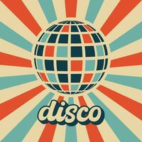 retro groovy disco bal in modieus wijnoogst kleuren met zonnestraal achtergrond. disco wijnoogst poster voor retro jaren 70 partijen vector