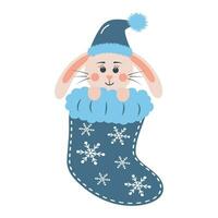 schattig baby konijn in een Kerstmis sok. konijn jongen in een warm winter hoed. tekenfilm Woud karakter. vector