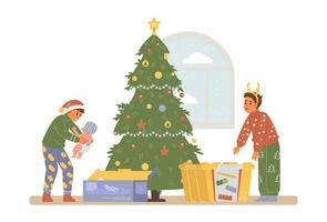 kinderen in de buurt Kerstmis boom opening cadeaus in de ochtend- vlak vector illustratie. opgewonden kinderen in Kerstmis kleding uitpakken presenteert.