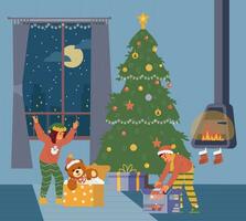 broer en zus opening Kerstmis cadeaus Bij nacht vlak vector illustratie. opgewonden kinderen in Kerstmis kleding in de buurt Kerstmis boom uitpakken presenteert.