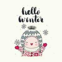 een schattig lachend kind in hoed en sneeuwvlokken, Hallo winter handgeschreven belettering, tekenfilm illustratie vector