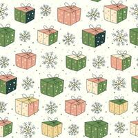 naadloos patroon met tekenfilm geschenken, dozen en sneeuwvlokken, Kerstmis achtergrond vector