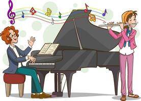 vector illustratie van Mens spelen piano en vrouw spelen fluit